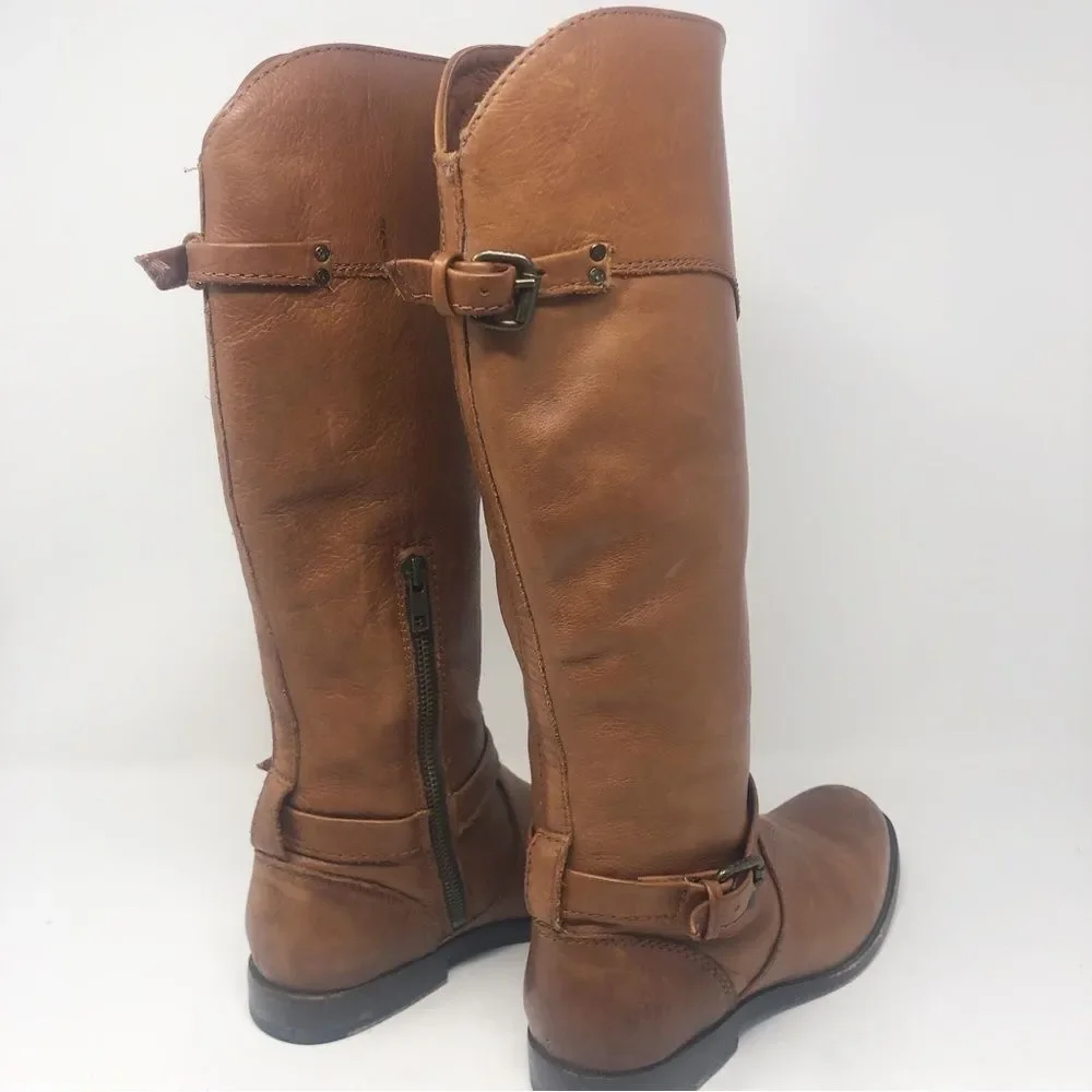 FRYE | Phillip Belted Tall Riding Boots in Cognac Tan Leather Women’s Size 7.5
